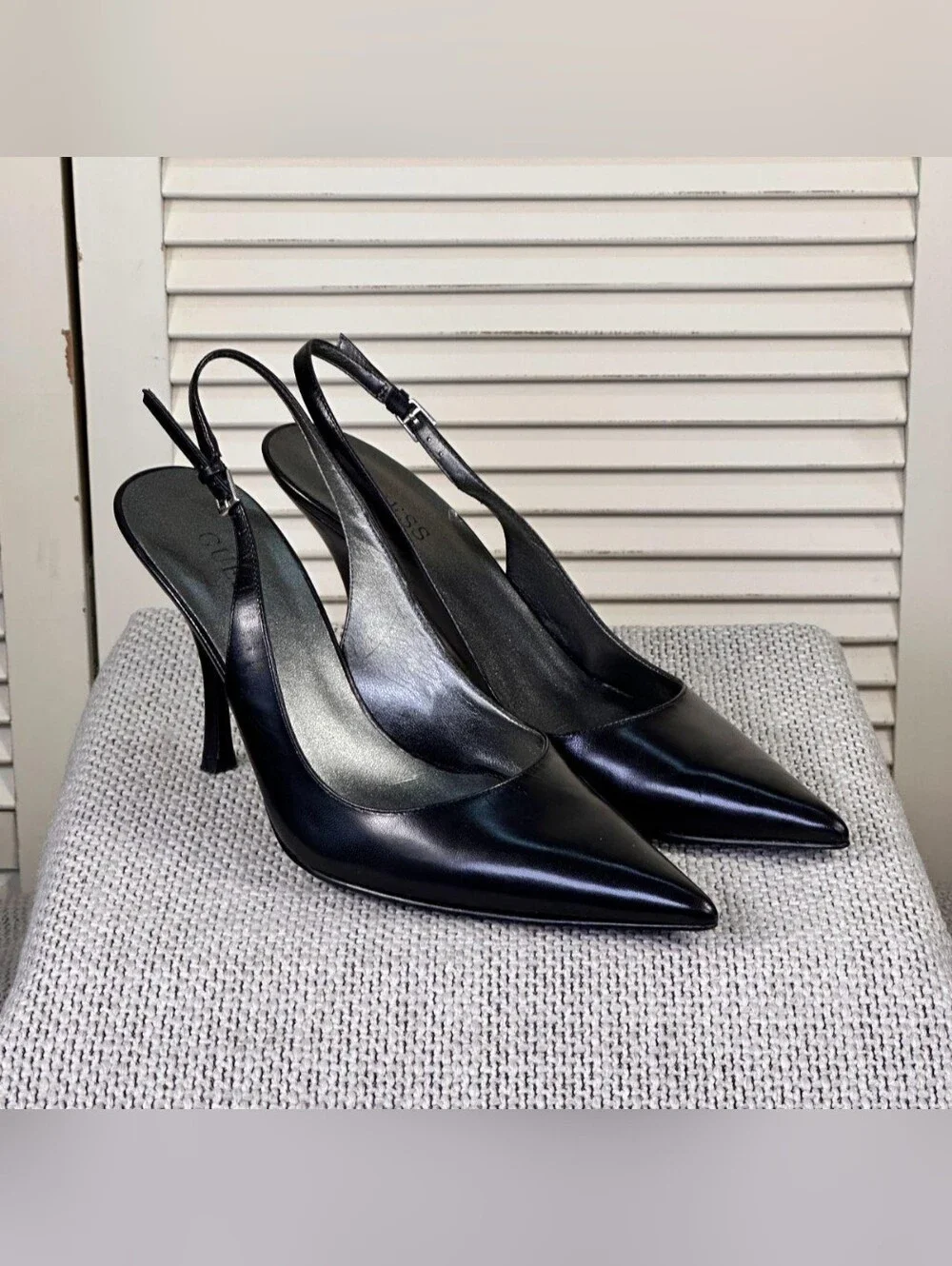 Guess Black Leather Pointed-Toe Slingback Heels